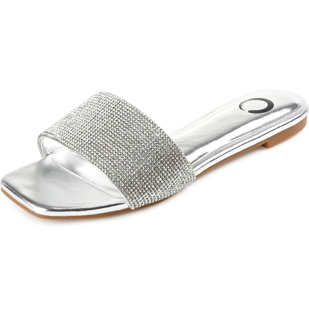 Journee Collection Women Grayce Flat Slide Sandals Size US 7M Silver Rhinestones